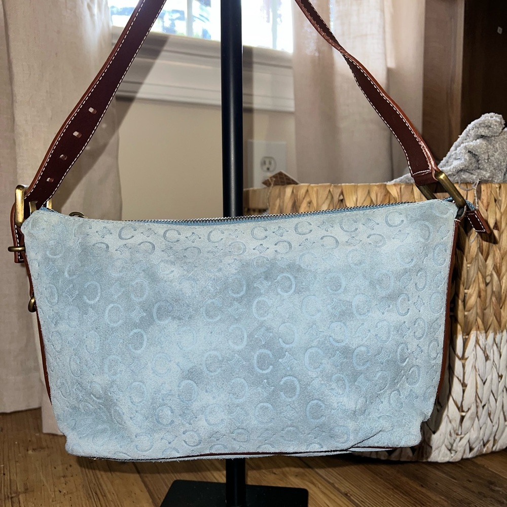 CELINE C Macadam Canvas Shoulder Bag Suede Light Blue Gold